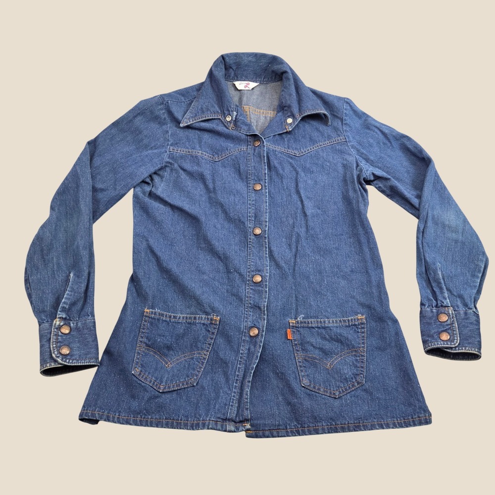 Vintage 70s Levis Denim Chore Shirt Jacket Womens M Blue Orange Tab Western USA